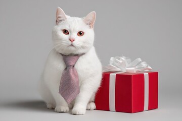 White cat with a tie next to a red gift box with white ribbon against a gray background