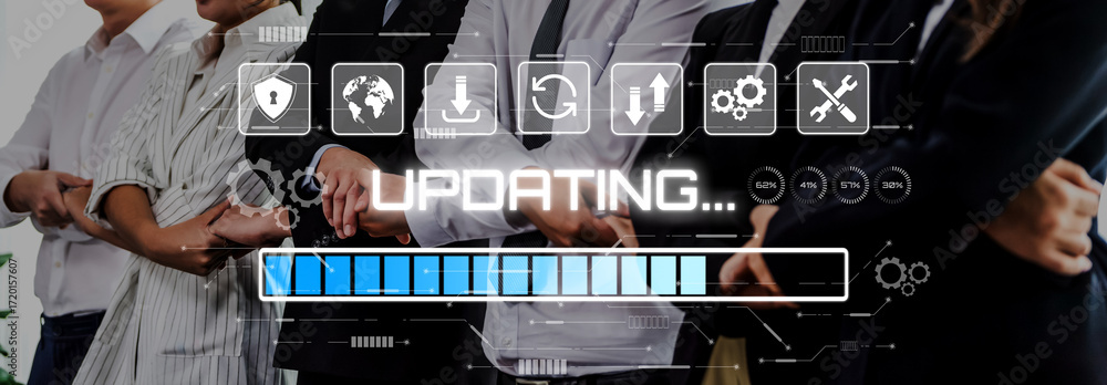 Poster a diverse group of professionals in suits engaged in collaboration, with a digital interface display