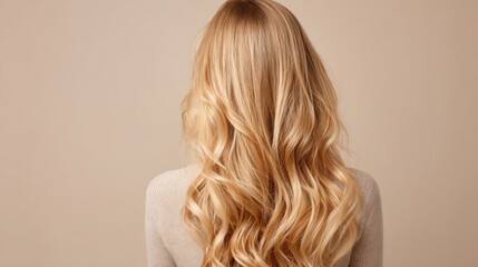 Naklejka premium A woman stands with her back facing the viewer, showcasing long, wavy blonde hair that flows rich with texture and volume. The background is a soft, neutral tone, enhancing the hairs shine.
