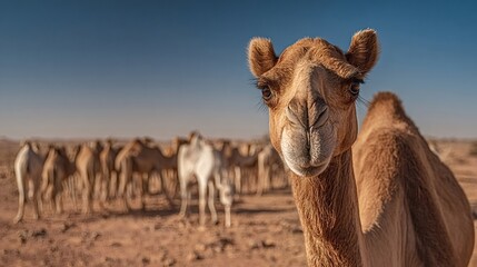 Close up of a curious camel staring directly at the camera with a herd standing in the background under a clear blue sky in a vast arid desert environment