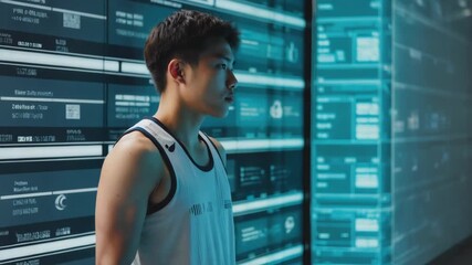 Young male athlete stands in front of a high-tech digital display, monitoring sports performance data and analytics in a futuristic training environment - Powered by Adobe