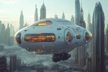 Large white spaceship in a futuristic city.