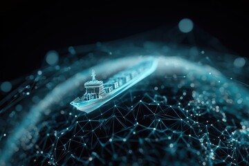 sleek wireframe globe with dynamic tracking points, showing a single cargo ship icon