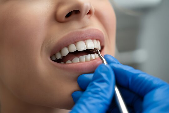 Dental hygiene professional examines patients teeth with explorer instrument showcasing healthy gums and enamel while wearing protective blue gloves