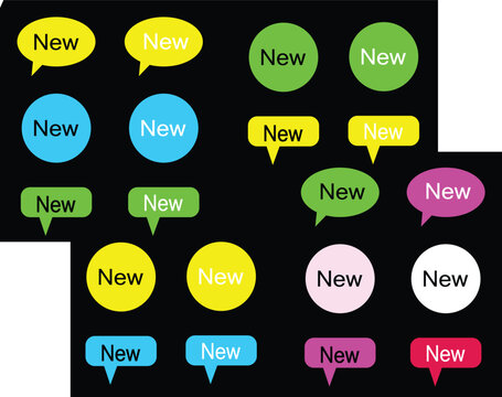 A vibrant set of flat vector "New" badges, speech bubbles, and circular tags for product launches, web design, and digital marketing announcements.