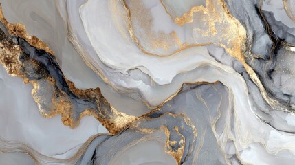 Fototapeta premium This artwork features a sophisticated blend of soft gray and white swirls accented with shimmering gold. The fluid design creates a sense of movement and elegance in the composition.