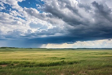 Fototapeta premium Stormy sky over green prairie landscape grassland meadow