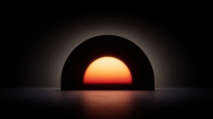 Abstract geometric artwork showing a stylized sun in a semicircular frame against a dark background, creating a bold and striking composition.