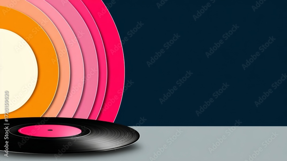 Poster black record with a pink and orange circle on it. the circles are arranged in a row