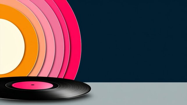 Black record with a pink and orange circle on it. The circles are arranged in a row