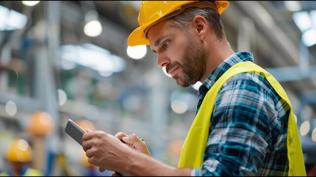 Worker in safety gear checks tablet in industrial facility during busy operations