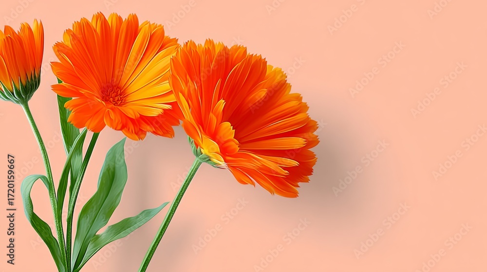 Poster bouquet of orange flowers is displayed on a pink background. the flowers are arranged in a way that 