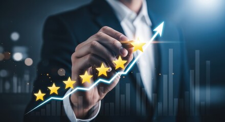 Businessman drawing a rising graph with five golden stars indicating excellent customer satisfaction and business growth