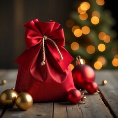 Red luxury Christmas gift bag with golden ornaments on rustic wooden table