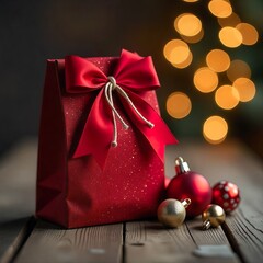 Festive close-up of Christmas gift bag with golden decorations and bokeh lights