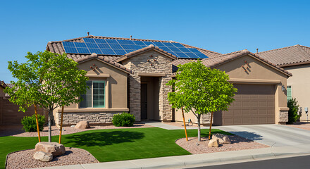 Modern suburban home with solar panels on the roof and lush green landscaping