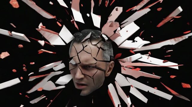 Man's head shattering into pieces against a black background, depicting overwhelming stress, mental pressure, exploding mind, and emotional distress, highlighting concepts of anxiety and burnout