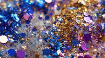 A vibrant collection of glitter particles in shades of blue, gold, and purple forms a sparkling surface that catches the light beautifully, showcasing a stunning array of colors.