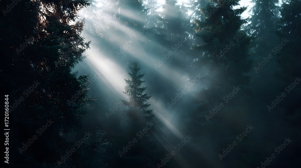 Poster sunlight filtering through misty evergreen forest trees creating dramatic light beams