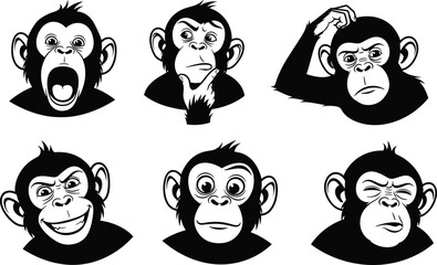 Cartoon monkey faces, expressive animal emotions, black and white vector, funny primate sketches, character design icons, isolated illustrations, hand drawn