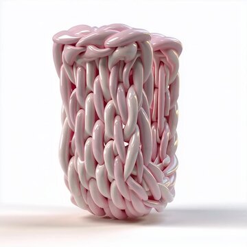 3d animation of a knitted pink and white letter U rotating