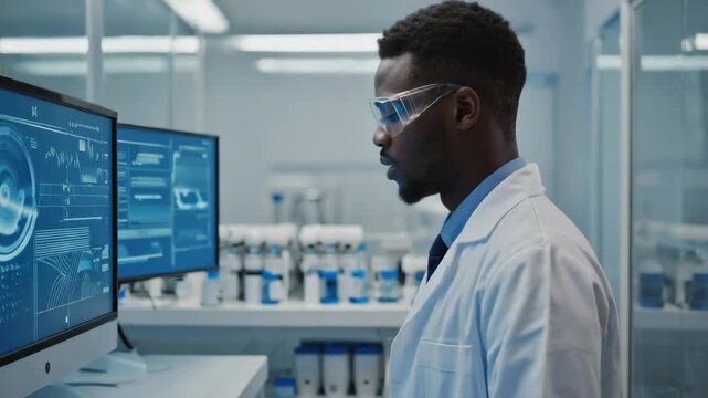 African american male scientist wearing safety goggles and lab coat using two computer monitors displaying scientific data for research and development in a modern laboratory - Powered by Adobe