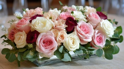 Obraz premium Colorful assortment of roses in shades of pink, white, and red, arranged elegantly with greenery. Perfect centerpiece for a wedding or special gathering.