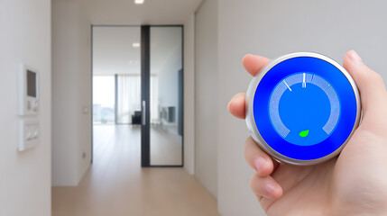 Hand holding a smart thermostat control device in a modern home interior
