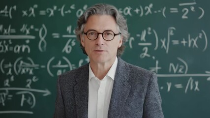 Male professor explains complex math and science formulas on a classroom chalkboard during a university lecture, engaging students with clear instruction and professional expertise
