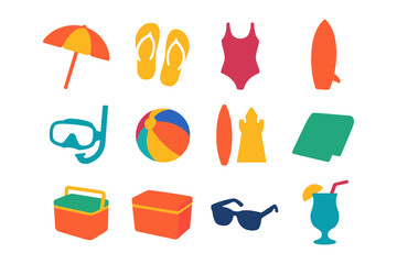 Colorful beach icons: summer essentials for a fun day by the sea