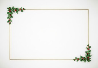 A rectangular golden frame decorated with lush green fir branches and vibrant red holly berries in the topleft and bottomright corners