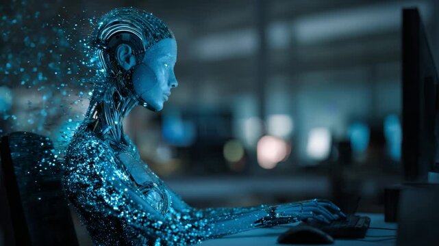Futuristic AI Interface: A Stunning Visualization of a Metallic Robot Engaged in Digital Activities, Portraying the Intersection of Technology and Humanity in a Cybernetic World