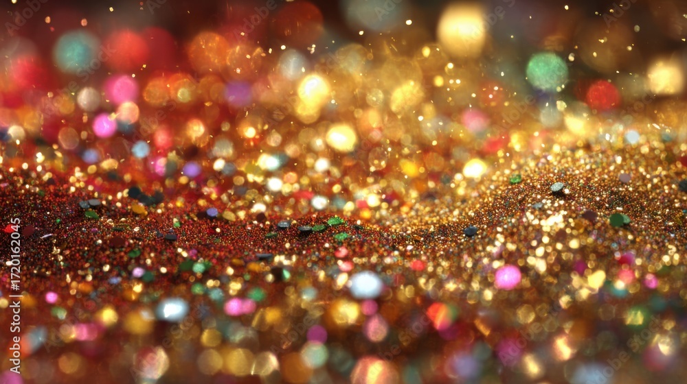 Poster a vibrant display of shimmering glitter covers a surface, reflecting various colors under bright lig