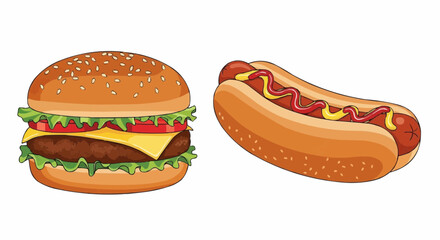 Delicious juicy hamburger and hot dog with ketchup and mustard, perfect for fast food menus, advertising, or culinary themes.