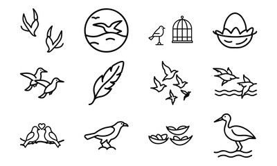 Bird Icons Collection – Flying Birds, Bird Footprints, Feather, Love Birds, Bird Cage, Nest with Eggs, Flock of Birds, and Parrot Outline Line Art on White Background