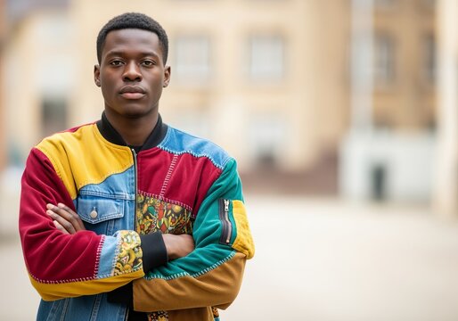 Young man in vibrant patchwork jacket standing with arms crossed