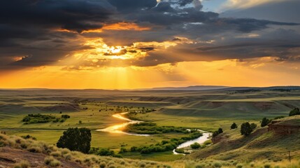 Golden sunbeams pierce dramatic storm clouds over rolling plains light rays
