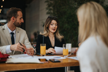 Business colleagues engage in a discussion outside while sharing ideas and reviewing documents. A collaborative atmosphere is evident as they communicate effectively over refreshing beverages.