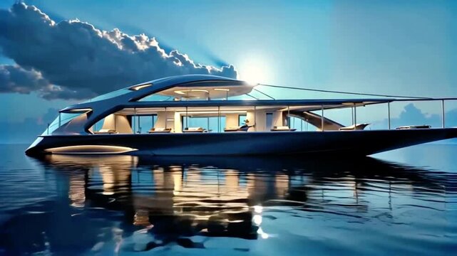 A futuristic and high-tech boat with a sleek design, featuring a large open deck area and modern lighting elements. The boat is surrounded by water, and the background includes a mountainous landscape