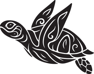 Stylized sea turtle with tribal patterns in motion, Black turtle swimming tribal vector