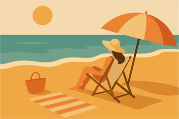 Relaxing on a beach under umbrella in minimalist style with ocean view