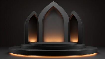 A dark, modern podium with arched architectural design, highlighted by warm lighting, creates a sophisticated backdrop for product presentations.