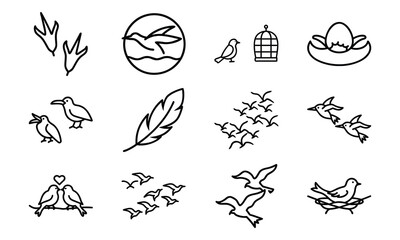 Bird Icons Collection – Flying Birds, Bird Footprints, Feather, Love Birds, Bird Cage, Nest with Eggs, Flock of Birds, and Parrot Outline Line Art on White Background