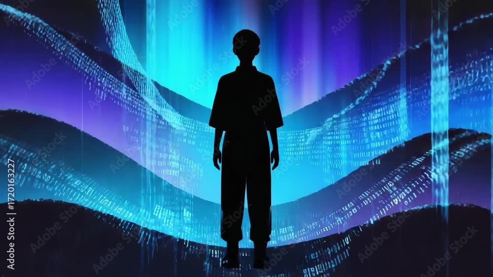 Poster Person silhouette against neon aurora with flowing binary data streams, symbolizing metaverse immersion, virtual reality, ai-driven networks and futuristic digital connection