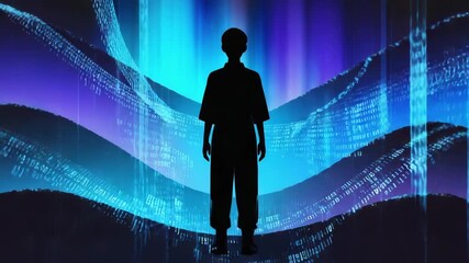 Person silhouette against neon aurora with flowing binary data streams, symbolizing metaverse immersion, virtual reality, ai-driven networks and futuristic digital connection - Powered by Adobe