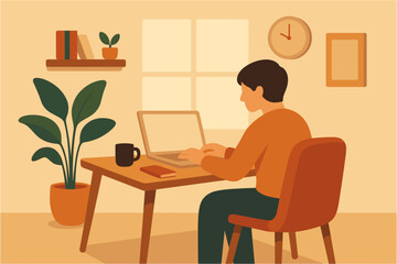 Cozy home office workspace with man working on laptop in minimalist setting