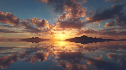 Expansive Mountain Landscape at Sunset with Vibrant Colors and Soft Clouds
