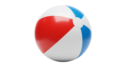 Colorful beach ball with red, blue, and white panels, isolated, transparent background, no background  