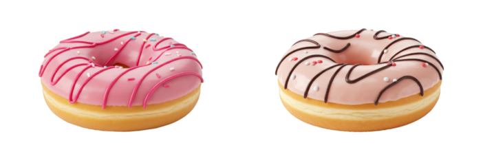 Two colorful donuts with pink icing and chocolate drizzle on white background  