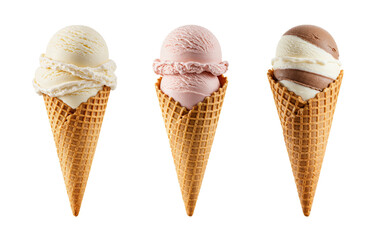 Three ice cream cones with different flavors on a white background, isolated, transparent background, no background  